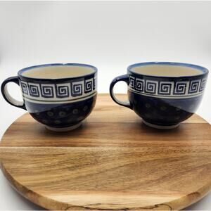 Pair Boleslawiec Polish Pottery Mugs Hand Made Cobalt Blue Greek Key Dot READ